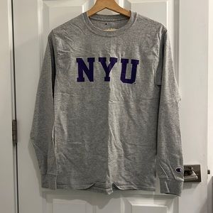 OFFICIAL NYU LIGHT GRAY LONG SLEEVE CHAMPION TEE SHIRT